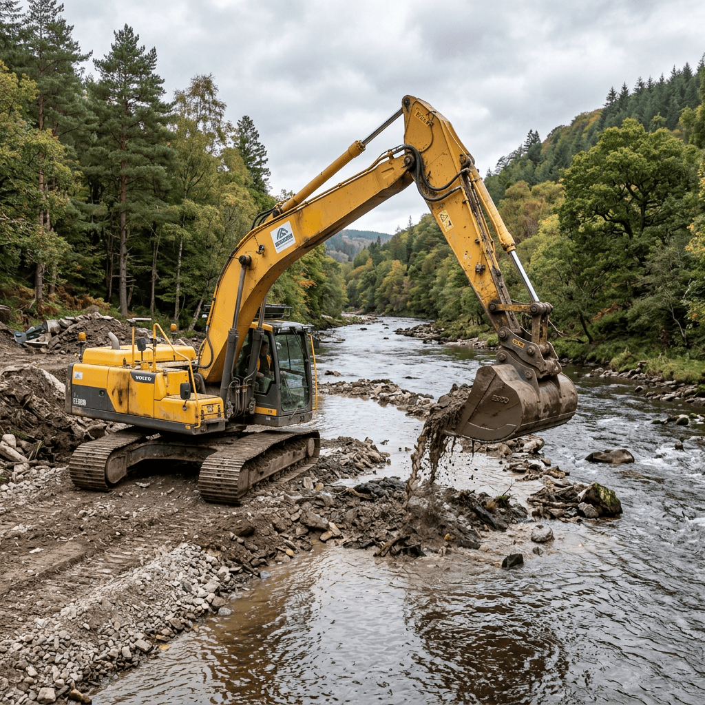 Yellow tracked excavator scooping rocks from a forest riverbank